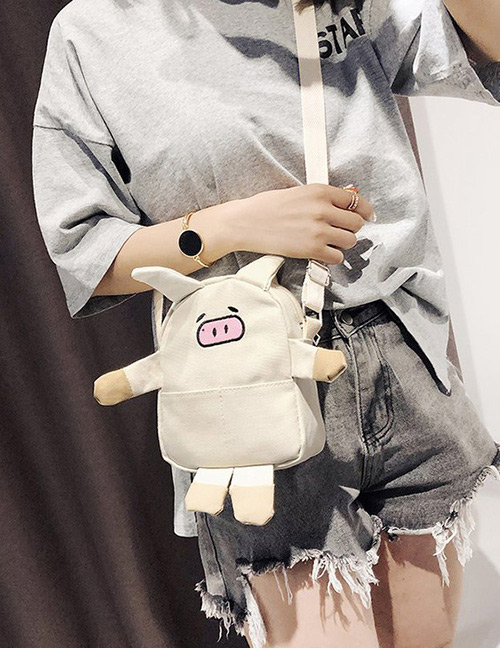 Fashion White Embroidered Pig Decorated Shoulder Bag