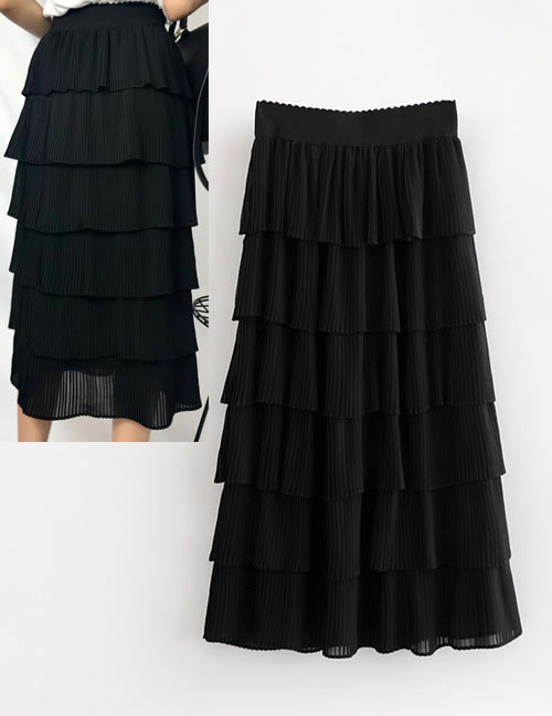 Fashion Black Pure Color Design Multi-layer Skirt