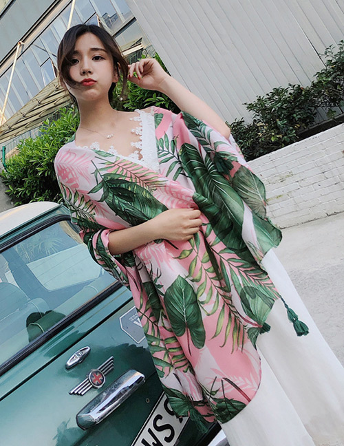 Fashion Green+pink Leaf Pattern Decorated Shawl