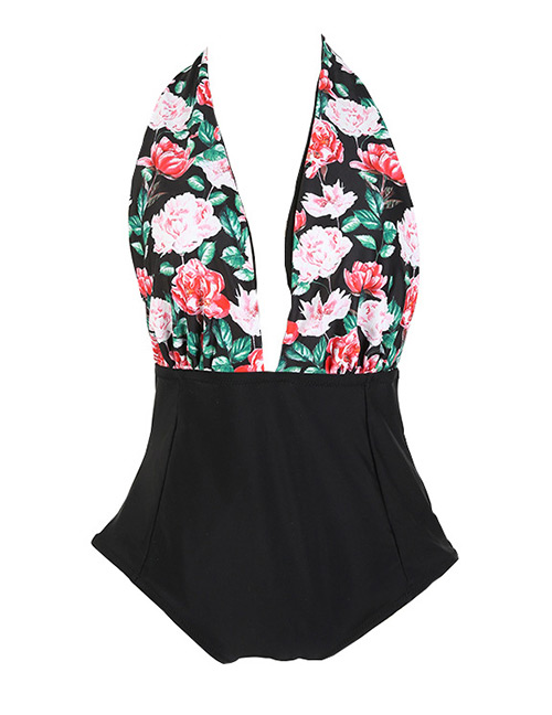 Sexy Black Off-the-shoulder Design Flower Pattern Decorated Swimwear
