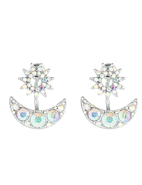 Fashion Silver Color Full Diamond Decorated Moon Shape Earrings