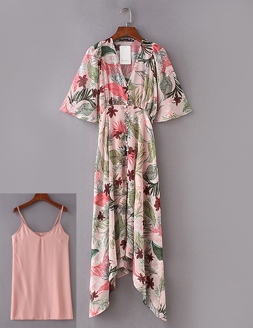 Fashion Pink V Neckline Design Flower Pattern Dress