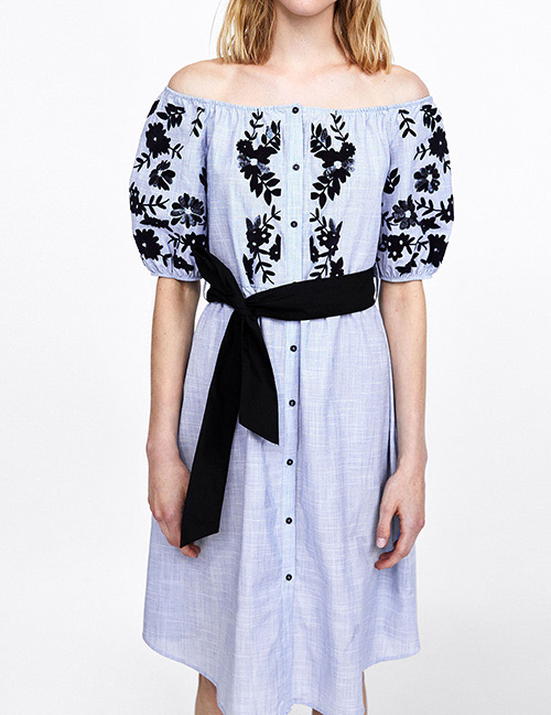 Fashion Blue Off-the-shoulder Design Flower Pattern Dress
