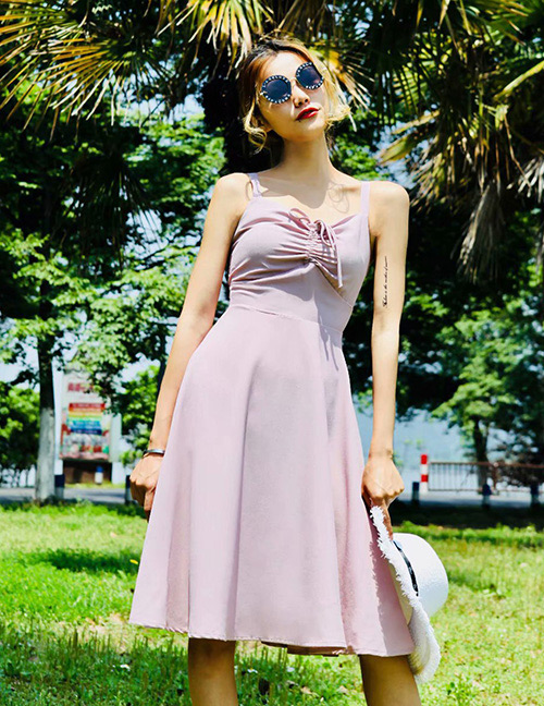 Fashion Pink Pure Color Decorated Suspender Dress