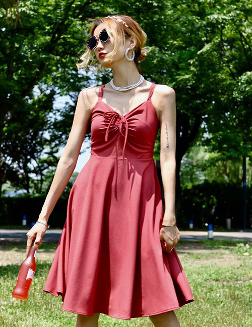 Fashion Red Pure Color Decorated Suspender Dress