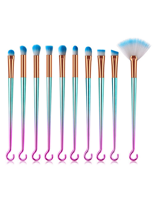 Fashion Pink+green Sector Shape Decorated Makeup Brush (10 Pcs )