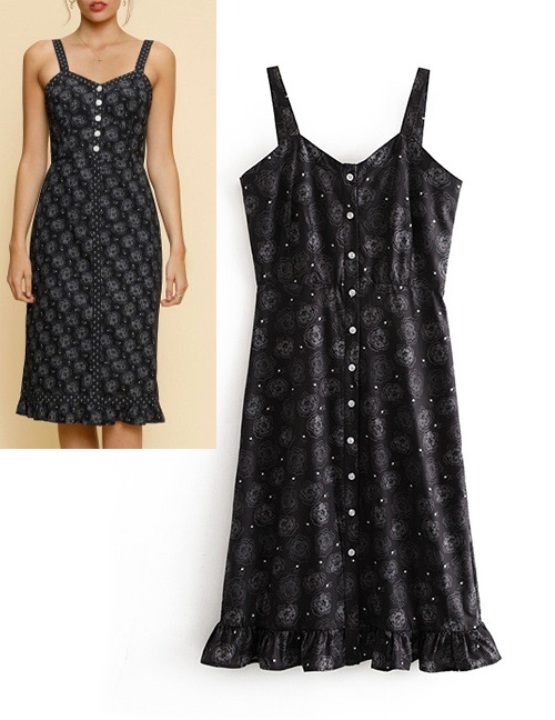 Vintage Black Flower Pattern Decorated Dress