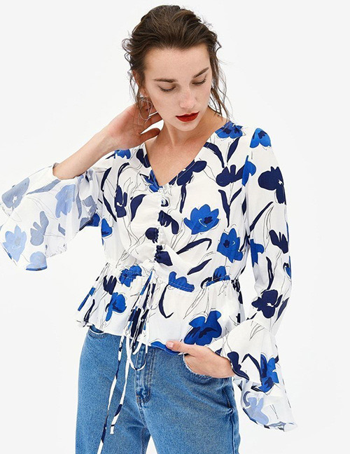 Fashion White+blue Flower Pattern Decorated Shirt