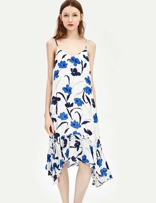 Fashion White+blue Flower Pattern Decorated Dress