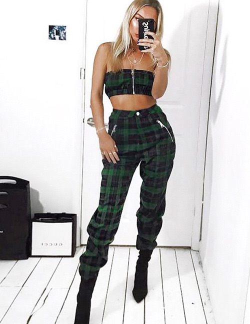 Fashion Green Grid Pattern Decorated Trousers (2 Pcs )