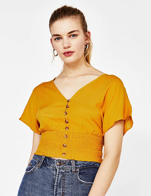 Fashion Yellow Pure Color Decorated V Neckline Shirt