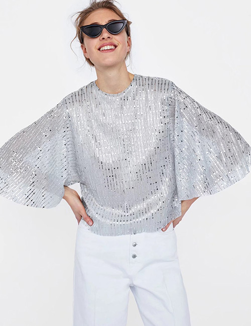 Fashion Silver Color Sequins Decorated Shirt