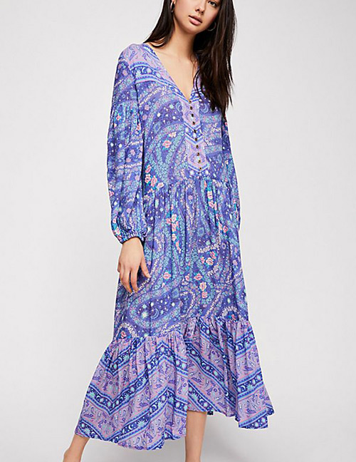 Fashion Purple Flower Pattern Decorated V Neckline Dress