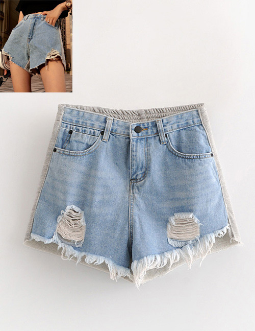 Fashion Blue Color Matching Decorated Denim Shorts