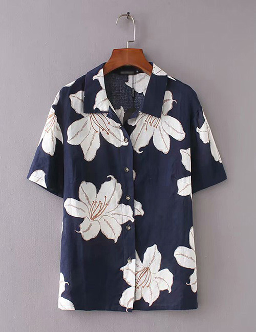 Fashion Blue Flower Pattern Decorated Shirt