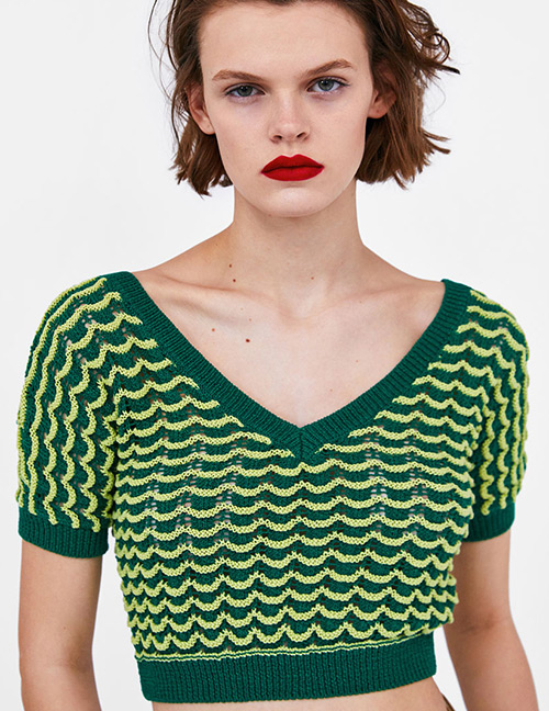 Fashion Green V Neckline Design Pure Color Shirt