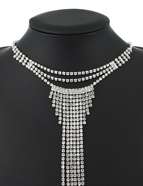 Elegant Silver Color Full Diamond Design Long Tassel Choker