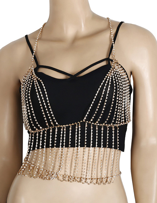 Exaggerated Gold Color Full Diamond Decorated Tassel Chest Chain