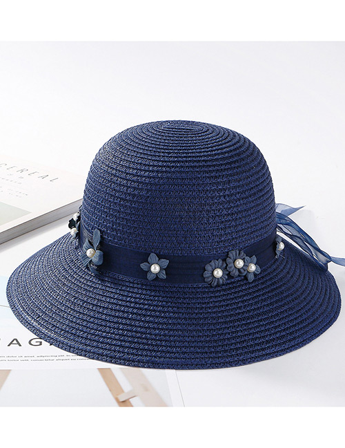 Fashion Navy Flowers Decorated Pure Color Sunscreen Hat
