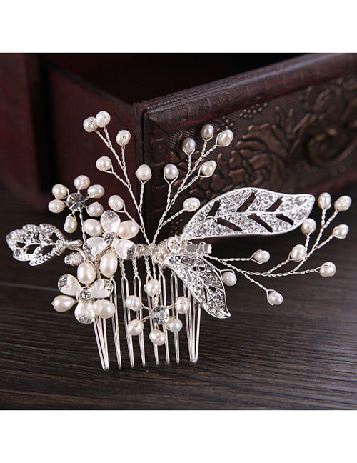 Elegant Silver Color Leaf&pearls Decorated Hair Comb