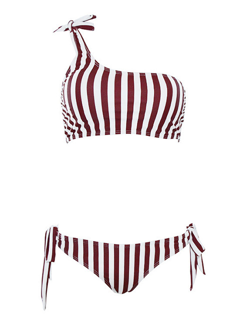 Sexy Red Stripe Pattern Design One-shoulder Swimsuit