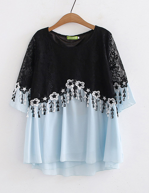 Fashion Black+blue Flower Shape Decorated Shirt