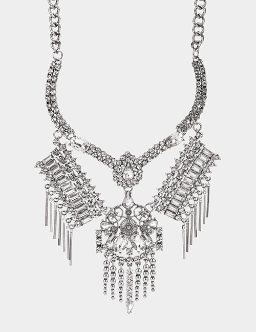 Fashion Silver Color Full Diamond Decorated Tassel Necklace