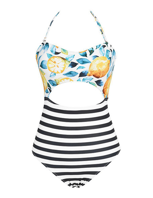 Sexy Blue Off-the-shoulder Design Flower Pattern One-piece Swimwear