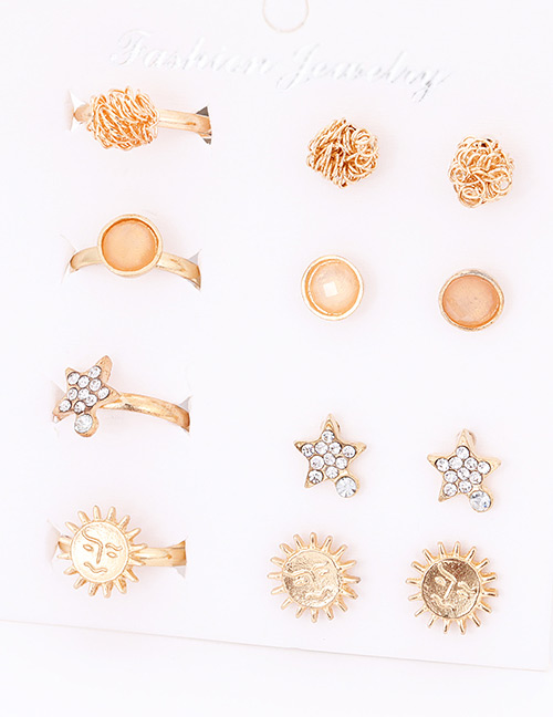 Fashion Gold Color Flower&star Shape Decorated Earrings&Rings (12 Pcs )