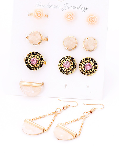 Fashion Gold Color Round Shape Decorated Earrings&rings Set (12 Pcs )