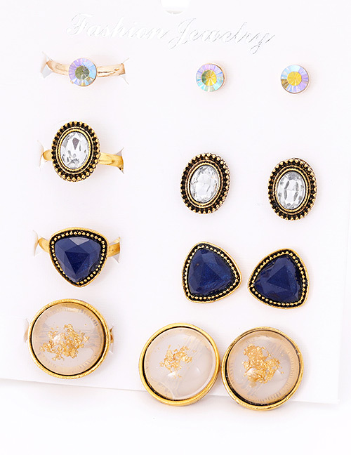 Fashion Blue Round Shape Decorated Earrings&rings Set (12 Pcs )