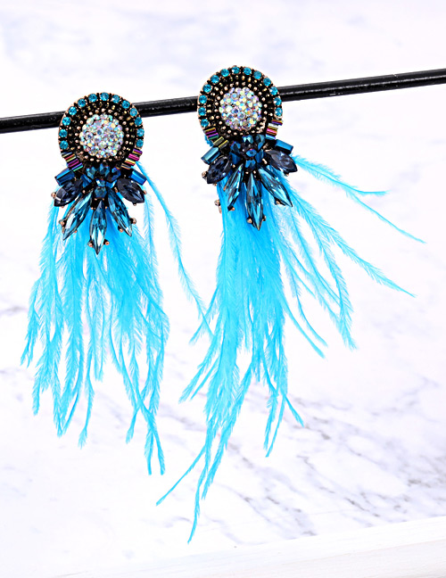 Vintage Blue Feather Decorated Long Tassel Earrings