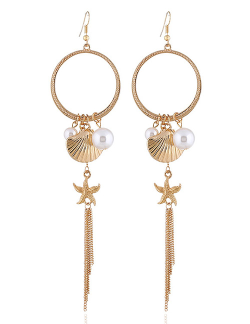Elegant Gold Color Starfish&shell Decorated Long Earrings
