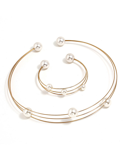 Fashion Gold Color Pearls Decorated Multi-layer Choker&bracelet(2pcs)