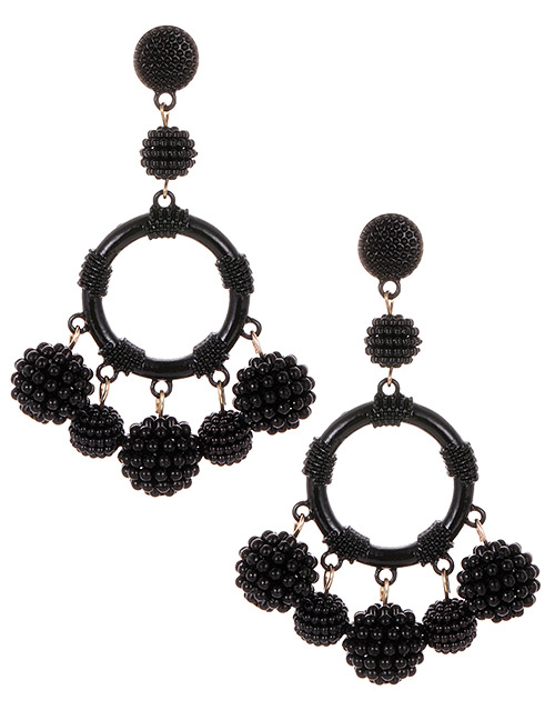 Fashion Black Full Pearls Decorated Round Shape Earrings