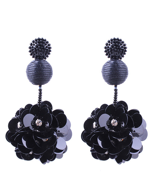 Elegant Black Flower Shape Decorated Long Earrings