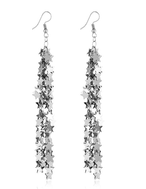Elegant Silver Color Star Shape Design Long Tassel Earrings