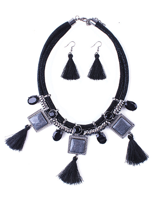 Elegant Black Tassel&diamond Decorated Jewelry Sets