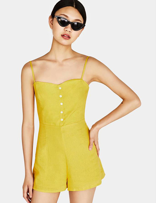 Fashion Yellow Pure Color Decorated Jumpsuit