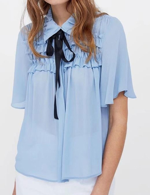 Fashion Blue Pure Color Decorated Shirt