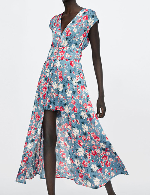 Fashion Multi-color Flower Pattern Decorated V Neckline Dress