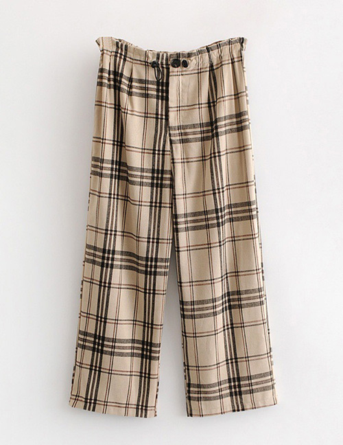 Fashion Khaki Grid Pattern Decorated High-waist Pants