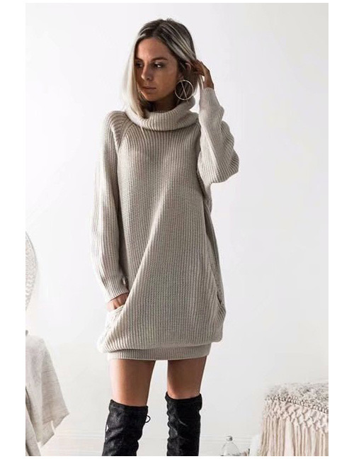Fashion Gray Pure Color Decorated Long Knitted Sweater
