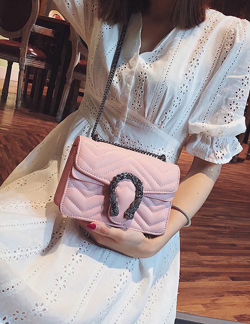 Elegant Pink Snake Shape Decorated Square Shape Bag