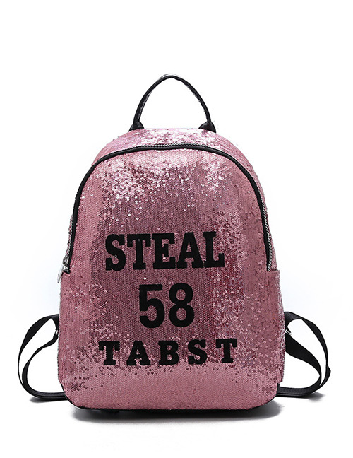 Trendy Pink Sequins&letter Pattern Decorated Backpack