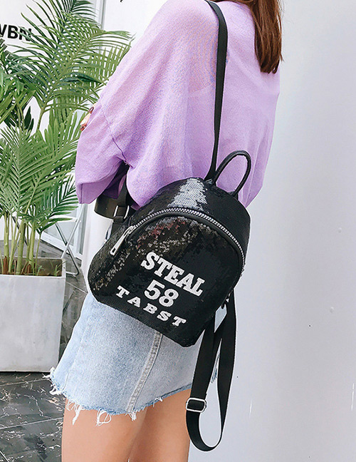 Trendy Black Sequins&letter Pattern Decorated Backpack