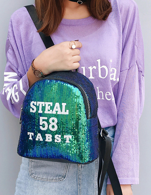 Trendy Green Sequins&letter Pattern Decorated Backpack