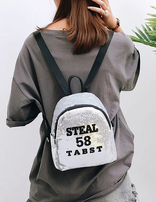 Trendy Silver Color Sequins&letter Pattern Decorated Backpack