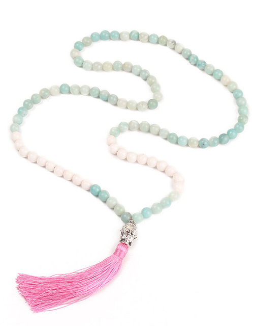 Trendy Pink Tassel Decorated Long Beads Necklace