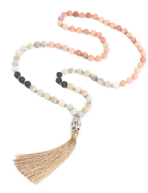 Trendy Khaki Tassel Decorated Long Beads Necklace
